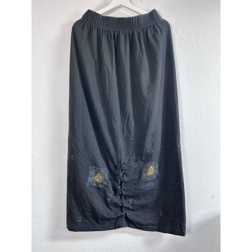 RARE Blue Fish Black Organic Cotton Geometric Print Lace-Up Front Maxi Skirt 1